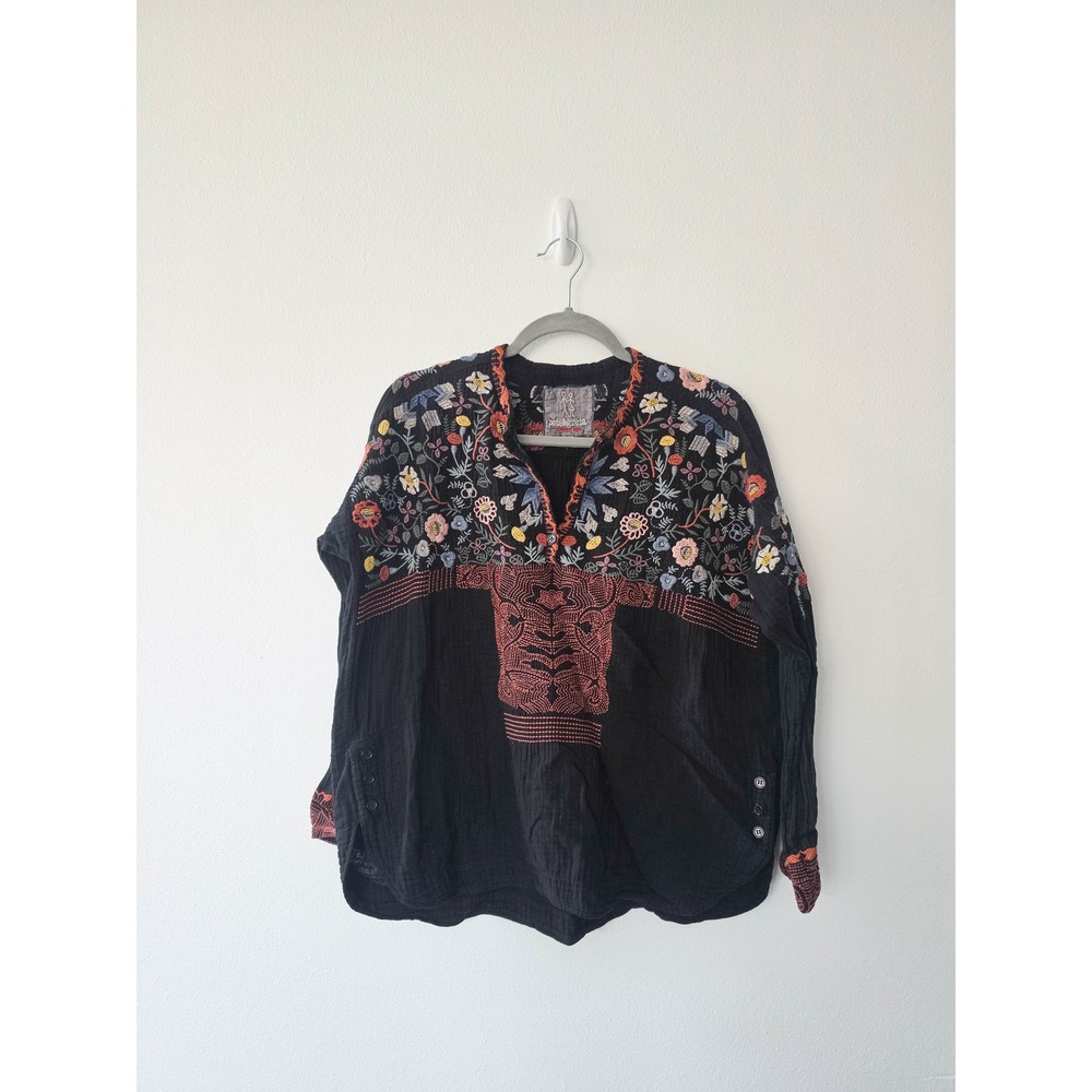 Pete & Greta Johnny Was Embroidered Gauze Blouse Black Floral Boho Top XS